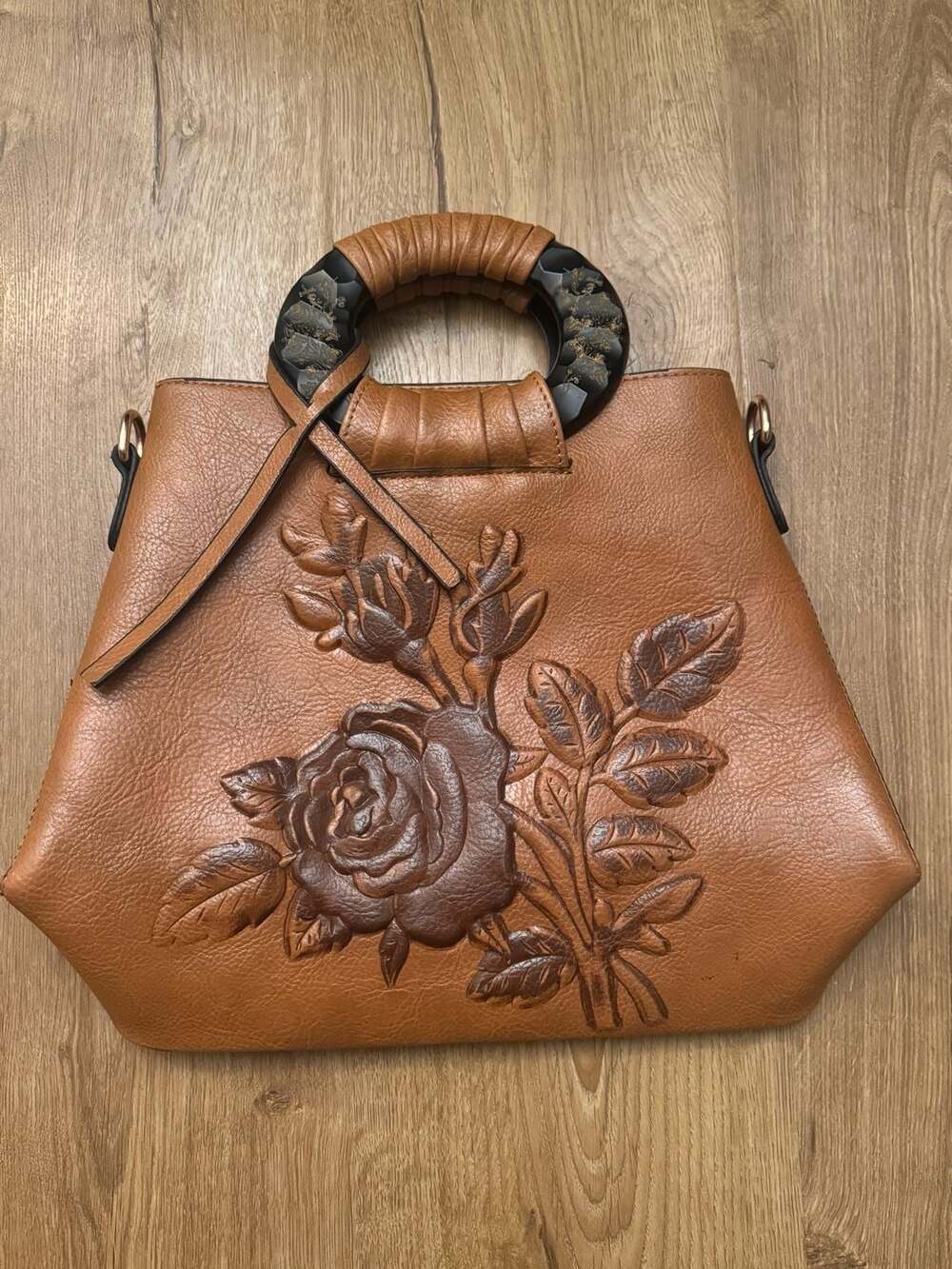 PACD Brown Satchel with Embossed Rose Floral Detail and Sculpted Ring Handles
